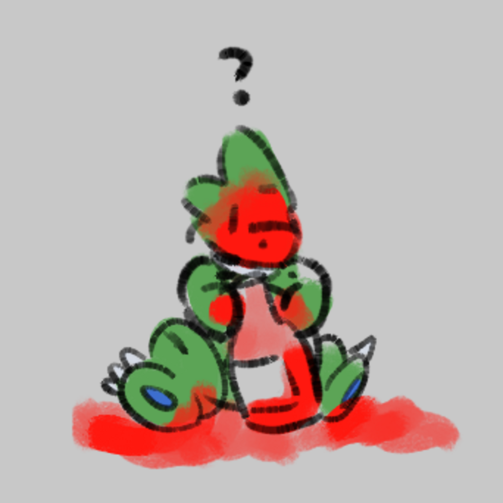 a tiny tyranitar, holding a bottle, covered in ketchup. it says “?”