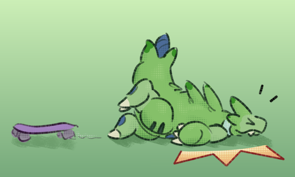 a sketch of a tyranitar who has heavily fallen off a skateboard
