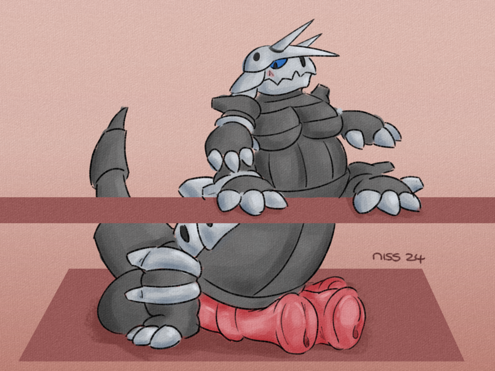 an aggron taur blushing slightly and resting their front legs on an abstract rectangle, exposing their three huge horse dicks
