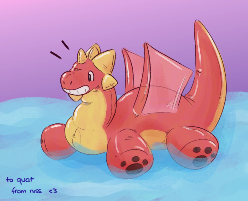 a red and yellow inflatable dragon floating in a pool