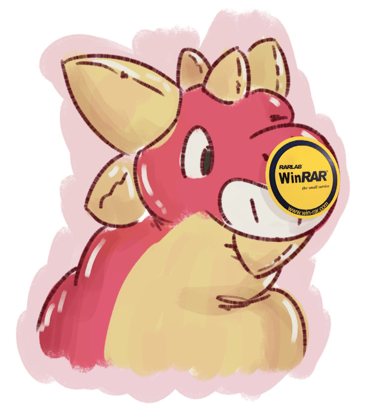 a red and yellow pooltoy dragon with a winrar registration sticker on its nose
