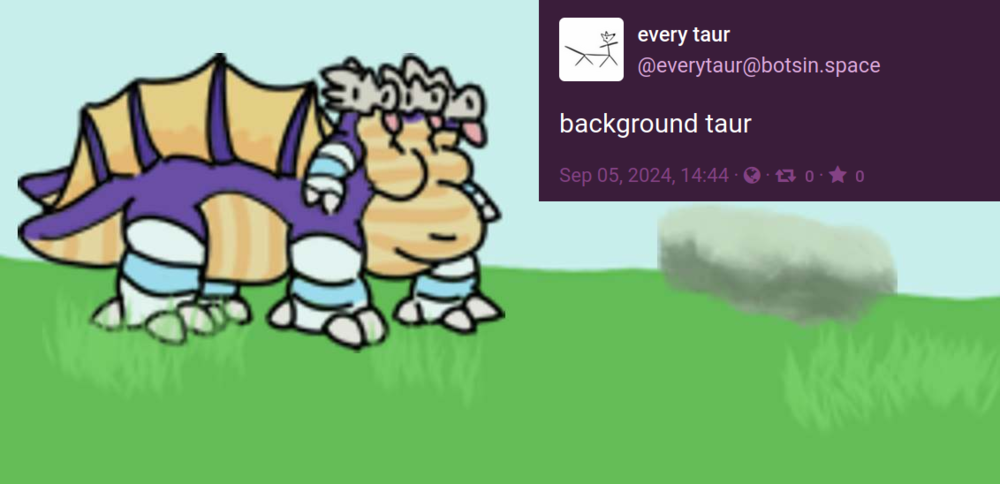 a simplified, unshaded, wonky drawing of q.t., next to a screenshot of a post by everytaur that says “background taur”
