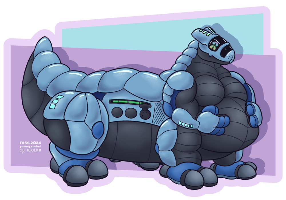 a fat synth taur (the vader-san type). it has four rainbow eyes, and on its back thigh there are four power outlets, three covered and one open, and a battery level meter that is almost full
