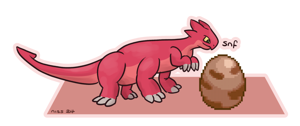 tokagerin taur (a red lizard thing), sniffing an egg inquisitively