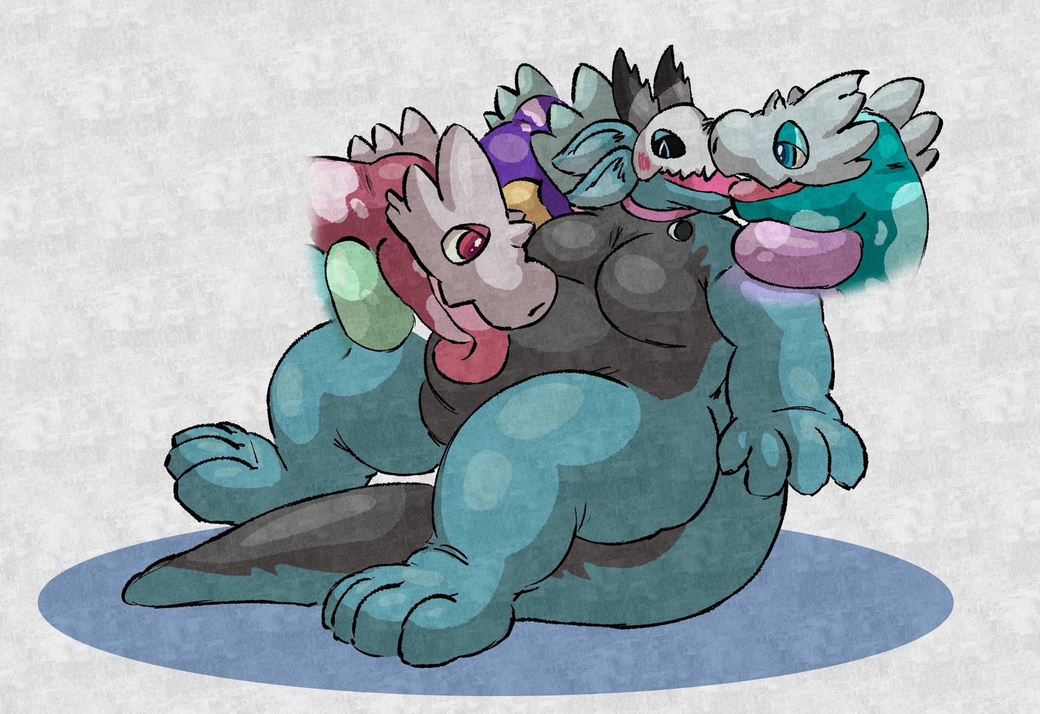 river dragon being smooched by all three of q.t.'s heads (q.t.'s body isn't shown but that's just because it would be in the way)
