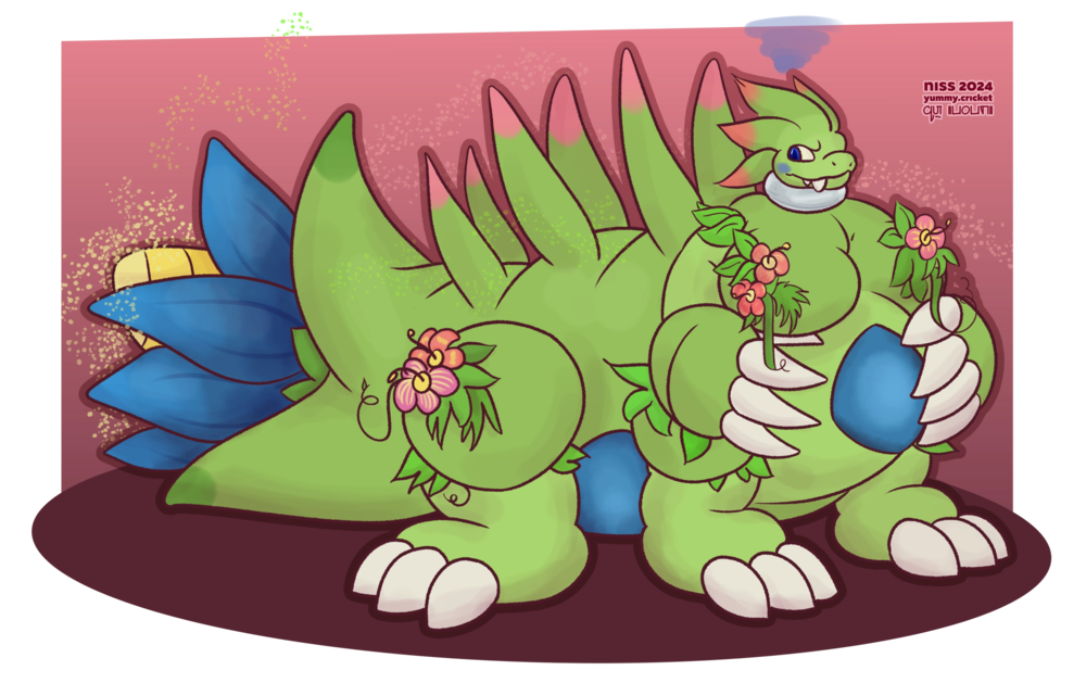 a grass-type tyranitar taur. its spines have grown out more and are tipped in pink, it has flowers and leaves growing out of the gaps in its shell, and its tail has opened into a huge blue flower.
