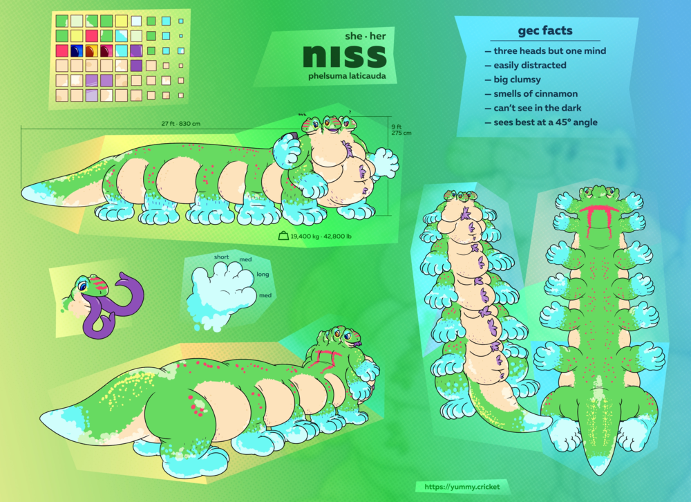 reference image for niss, a fat gold dust day gecko taur train. she’s 275 cm (9 ft) tall, and her taur body is about 8.3 m (27 ft) long. she weighs 19,400 kg (42,800 lb), if i got my calculations right. she has three heads, four arms, and ten legs. her eyes are pink, yellow, and blue, on each head going from (her) left to right. she has two tongues in each mouth. her index fingers are the shortest and her ring fingers are the longest. she her purple fluff patches on her chest and belly, and hair on her forearms/shins. apart from the usual p. laticauda markings, she has a red π shape on the back of her front body, and vitiligo (light skin patches) mostly concentrated on her extremities.
although she has three heads, they all share the same mind. she’s clumsy and easily distracted. like all day geckos, she has no rod cells so she can’t see in the dark at all. she smells of cinnamon.
