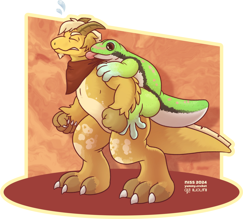 a gold coloured fuzzy dragon, straining to carry a huge island day gecko on his back
