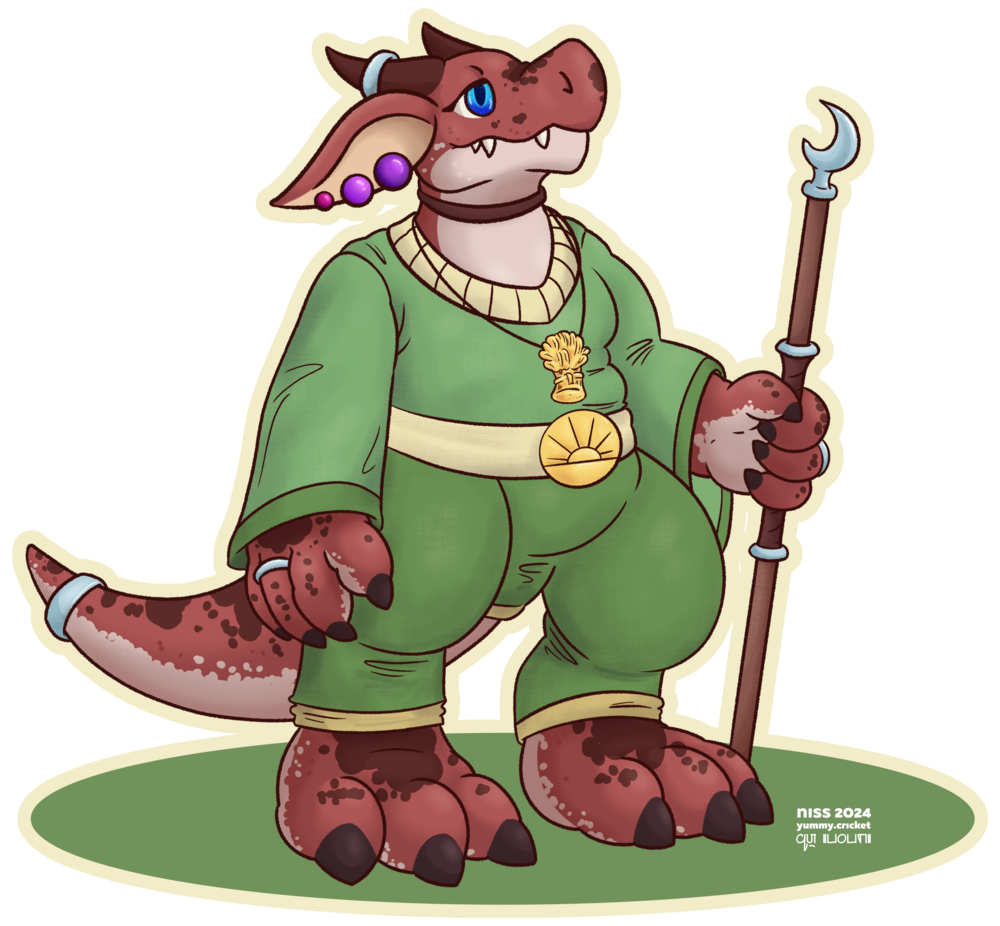 velzek, a red kobold, wearing a simple green outfit, an amulet of berei (a sheaf of wheat), and holding a staff topped with a small sickle
