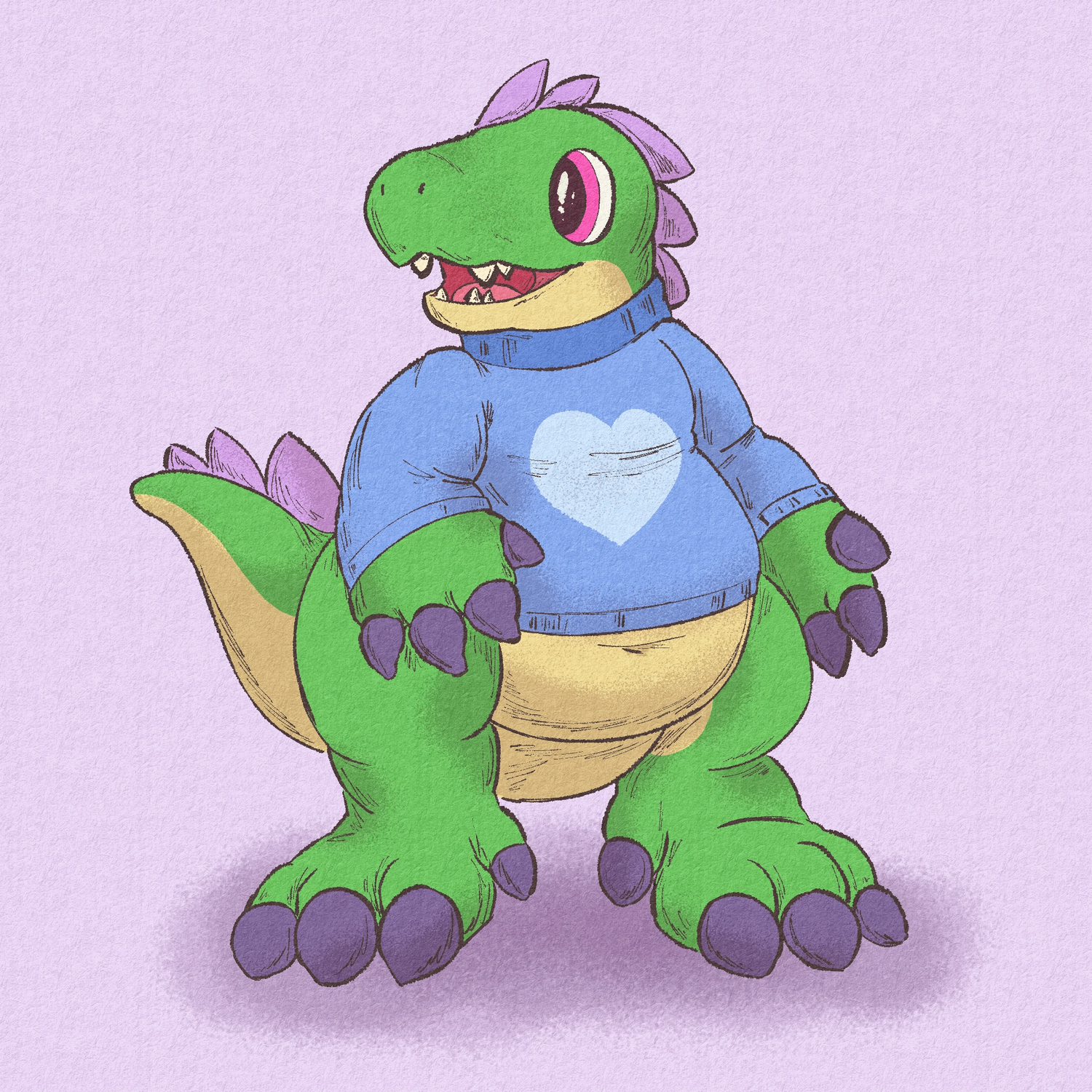 anthro dino stealing the amber isle art style, wearing a blue sweater with a heart
