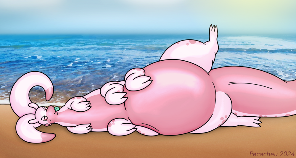 pink slime goodra taur reclining on its side on the beach