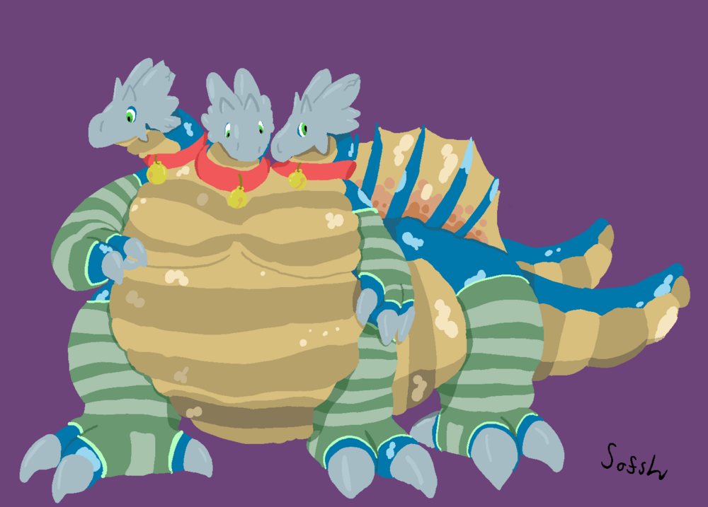 q.t., a fat quox (dragon) taur with three heads
