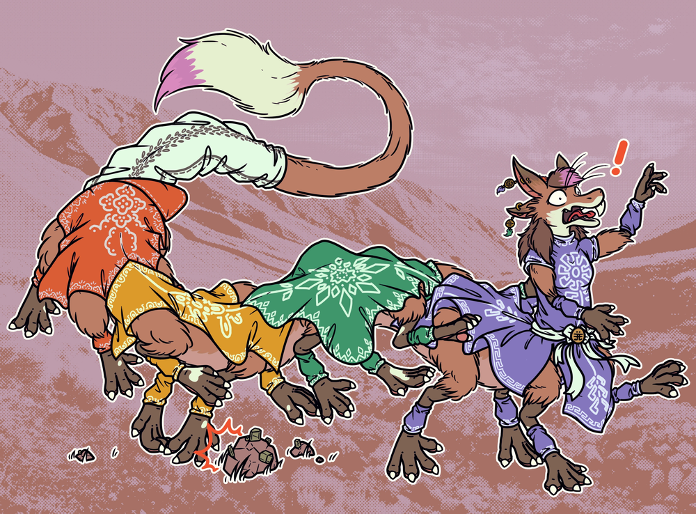 a yinglet taur train with sixteen legs, wearing a bunch of brightly-coloured dressed along its body, tripping on one of zhose zhings
