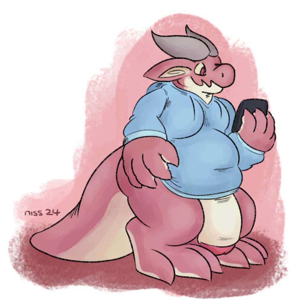 a pinkish-red kobold wearing a blue hoodie, checking their phone, with their giant dick casually out
