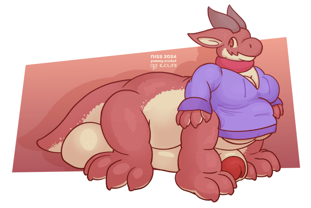 a chubby red kobold taur wearing a purple hoodie, and with a huge humanoid dick
