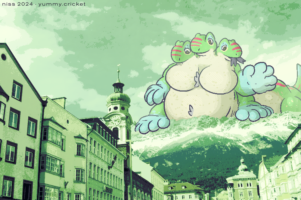 a giant three-headed gecko taur towering over a mountain, looking down at the city, as seen from a stock photo of maria-theresien-straße in innsbruck
