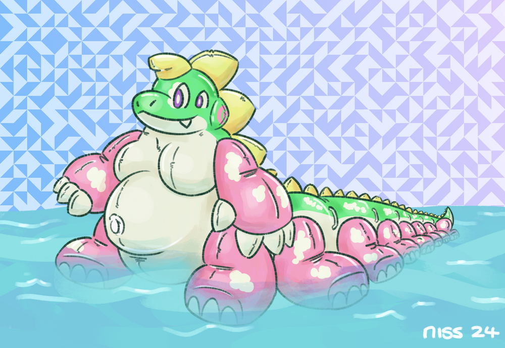 a long bubble dragon taur train pooltoy (sixteen legs, currently), floating in a pool
