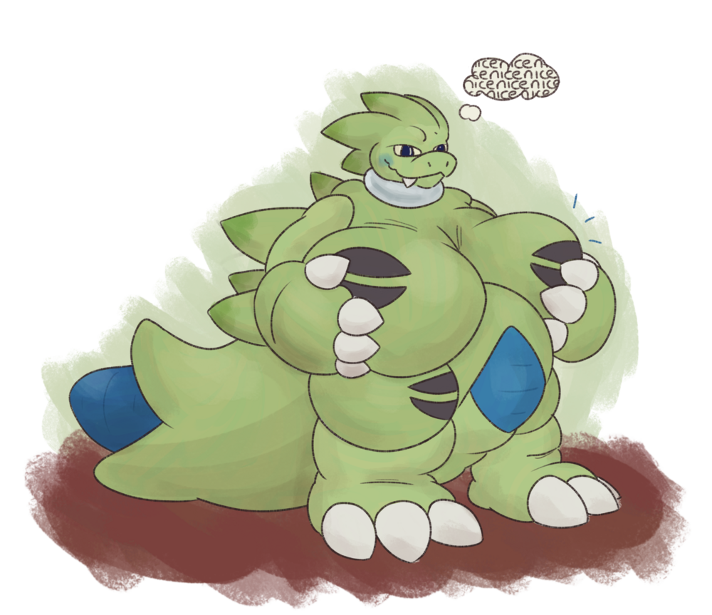 a quick sketch of a tyranitar with giant breasts, thinking “nice nice nice nice nice”
