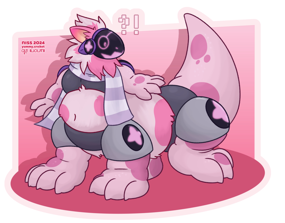 serena’s computer (protogen) form, as a taur. she’s primarily light pink, with darker pink patches, and has a four-petal flower symbol on those circle screen things. she’s looking back in surprise at her new extra body, with one leg slightly raised.
