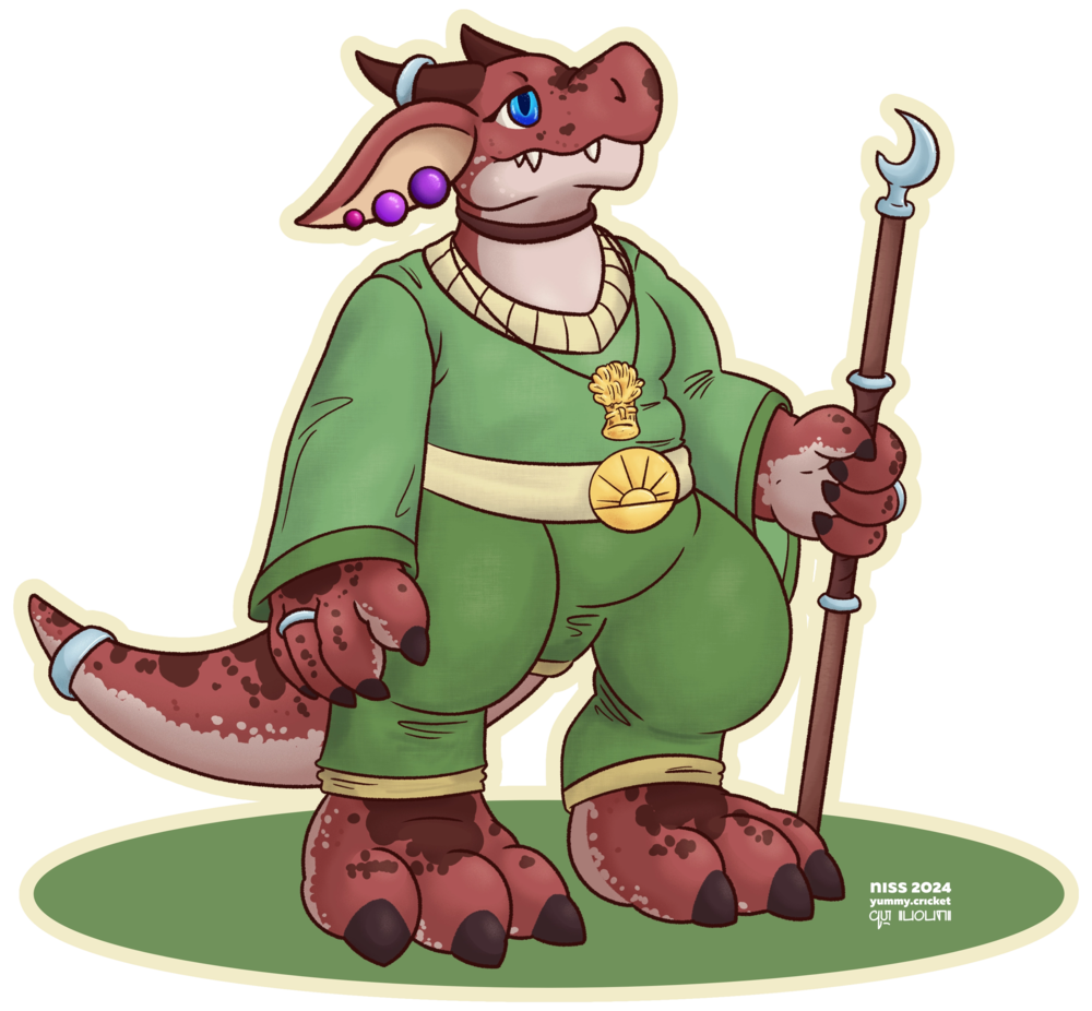 velzek, a red kobold, wearing a simple green outfit, an amulet of berei (a sheaf of wheat), and holding a staff topped with a small sickle
