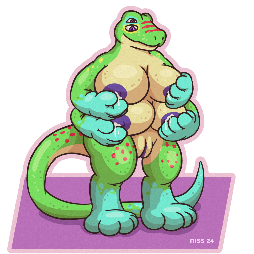 nisse (anthro day gecko) with four big leaking tits (because he has four arms). he's also completely naked
