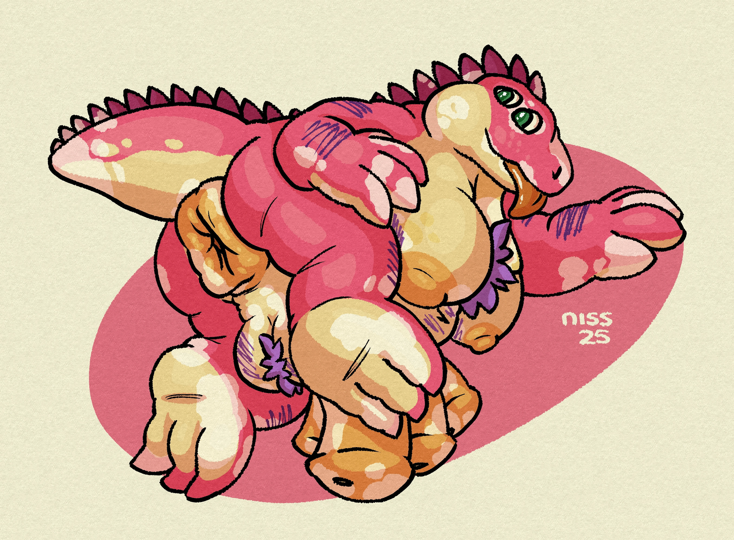 a pink iguana lying on her side and showing you her giant butthole
