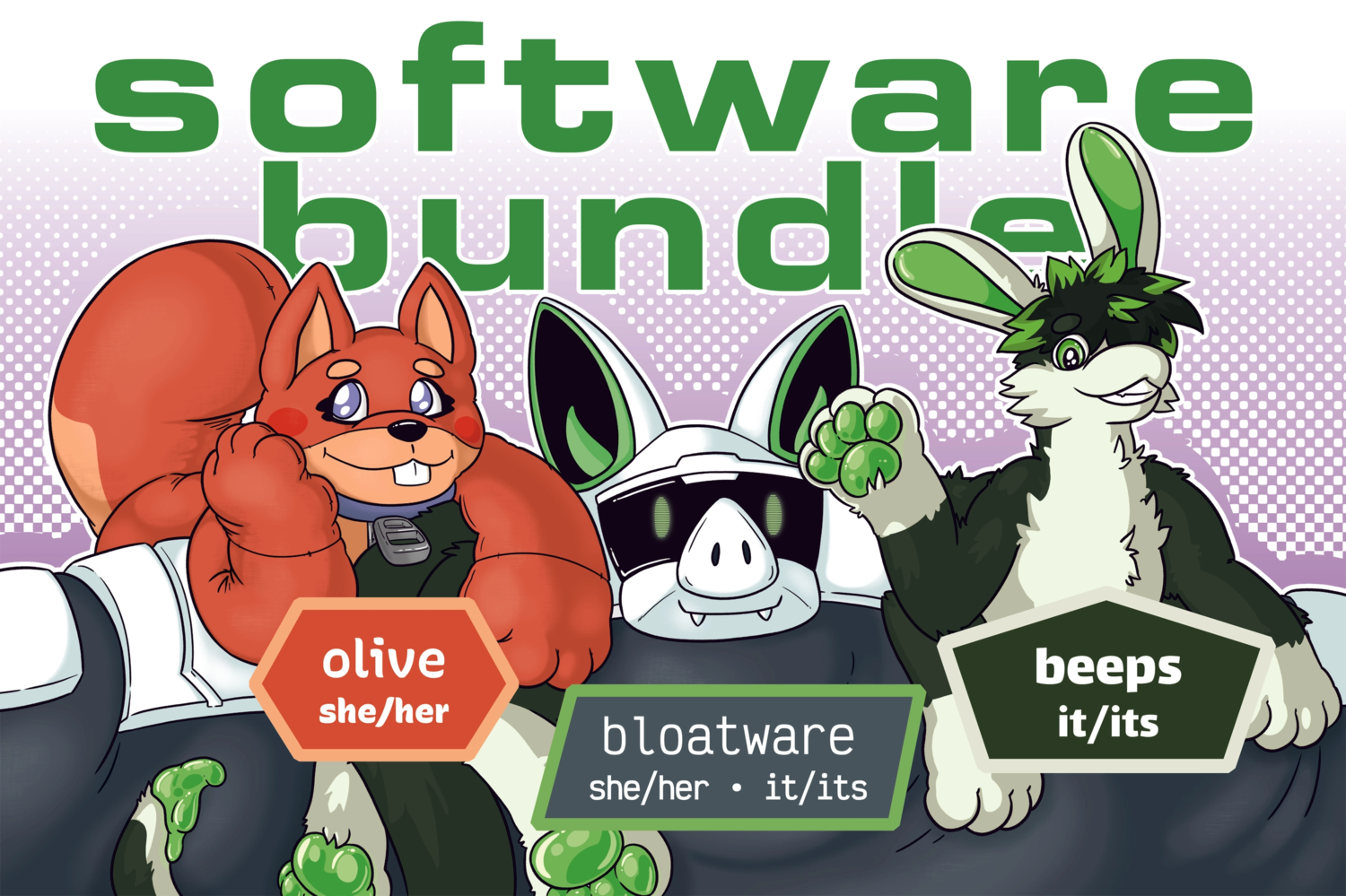 a badge for the software bundle, featuring a squirrel plush called olive, an amphimorpho called beeps, and a fat computer bat called bloatware
