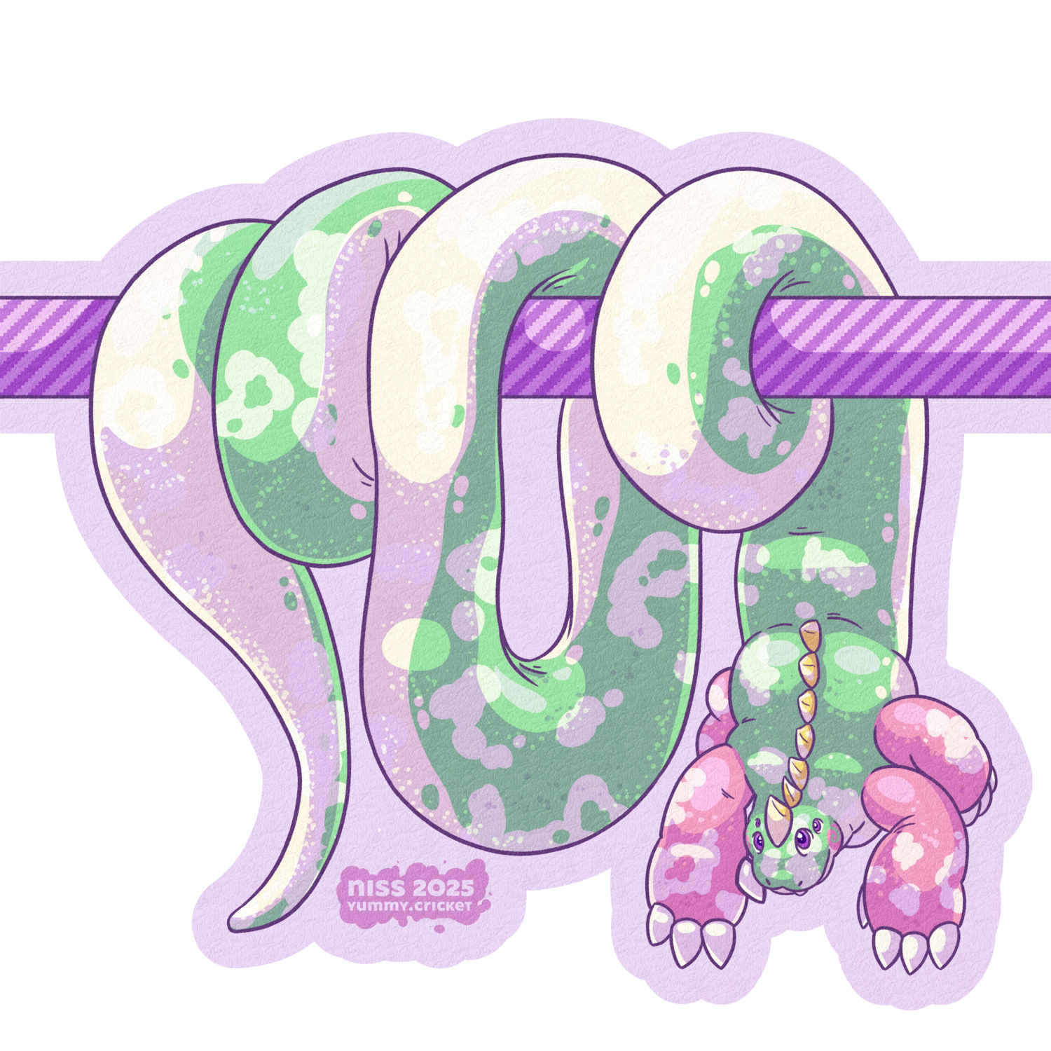 kesi, a bubble dragon taur train (currently a bubble dragon naga) dangling from a bubble bobble platform
