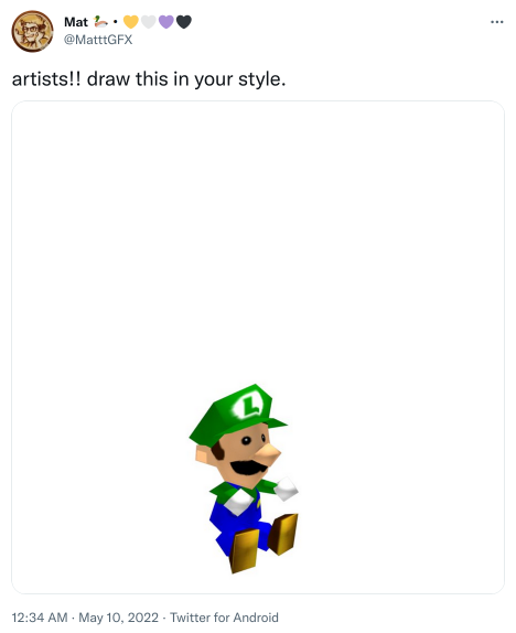 @MatttGFX on twitter: artists!! draw this in your style.
                   [small weird-looking low-poly luigi in a white void]