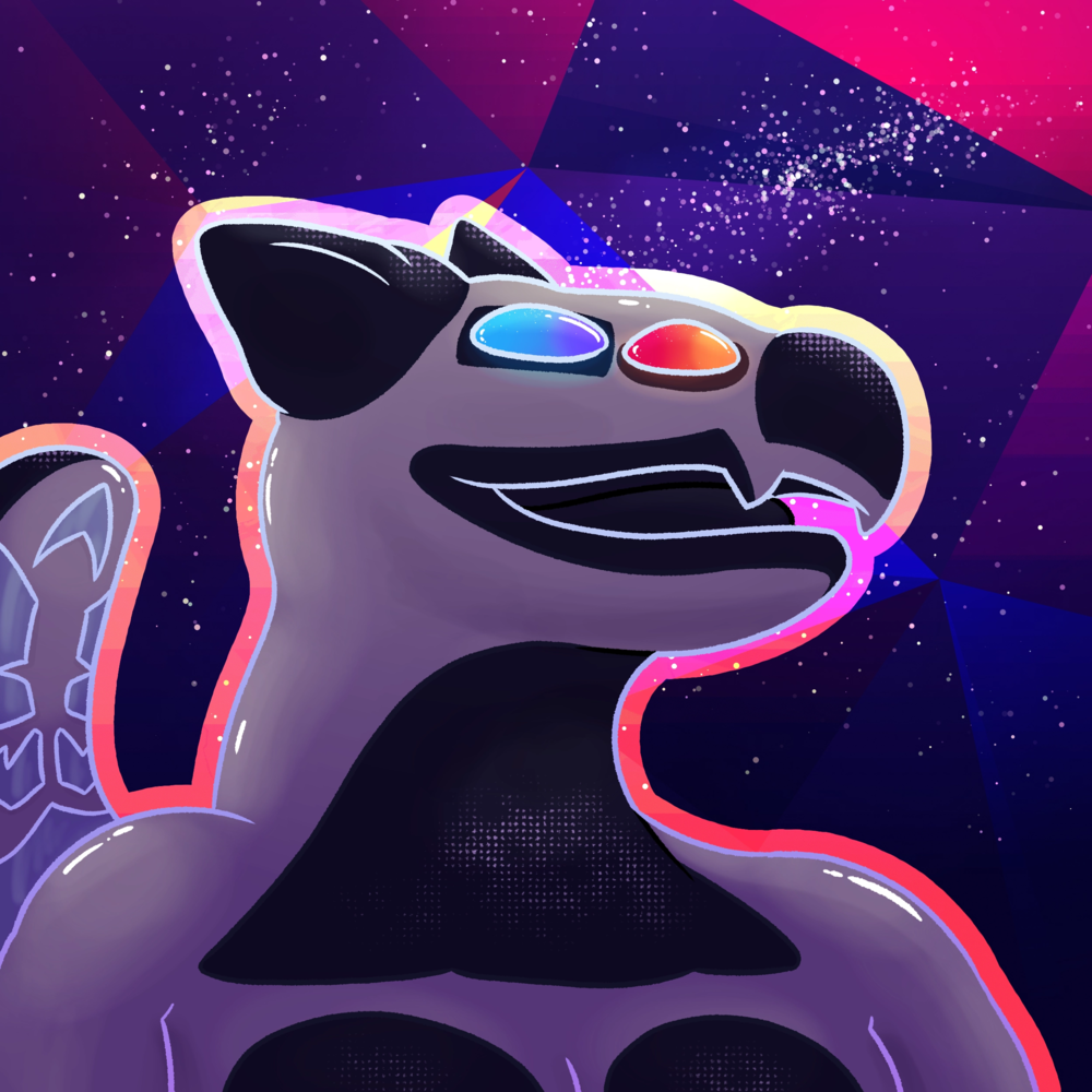 a bust of a synth against a background of a night sky with abstract shapes
