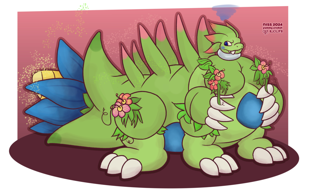 a grass-type tyranitar taur. its spines have grown out more and are tipped in pink, it has flowers and leaves growing out of the gaps in its shell, and its tail has opened into a huge blue flower.
