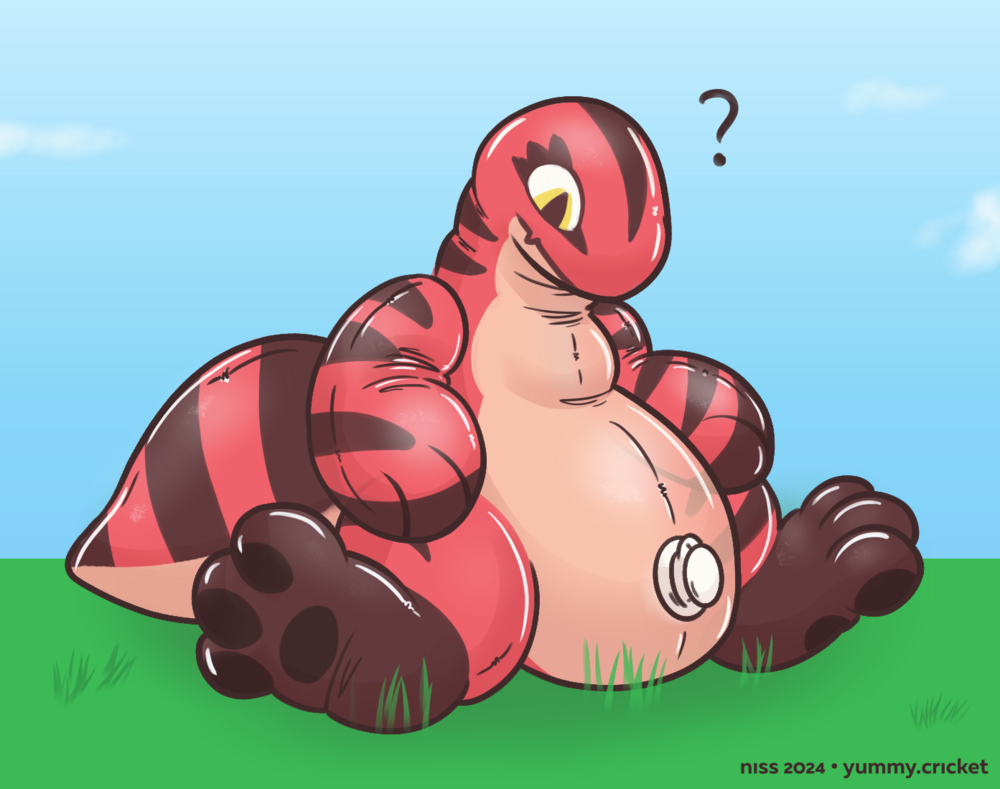 a red gecko sitting in a field, pretty surprised to suddenly find himself a round pooltoy
