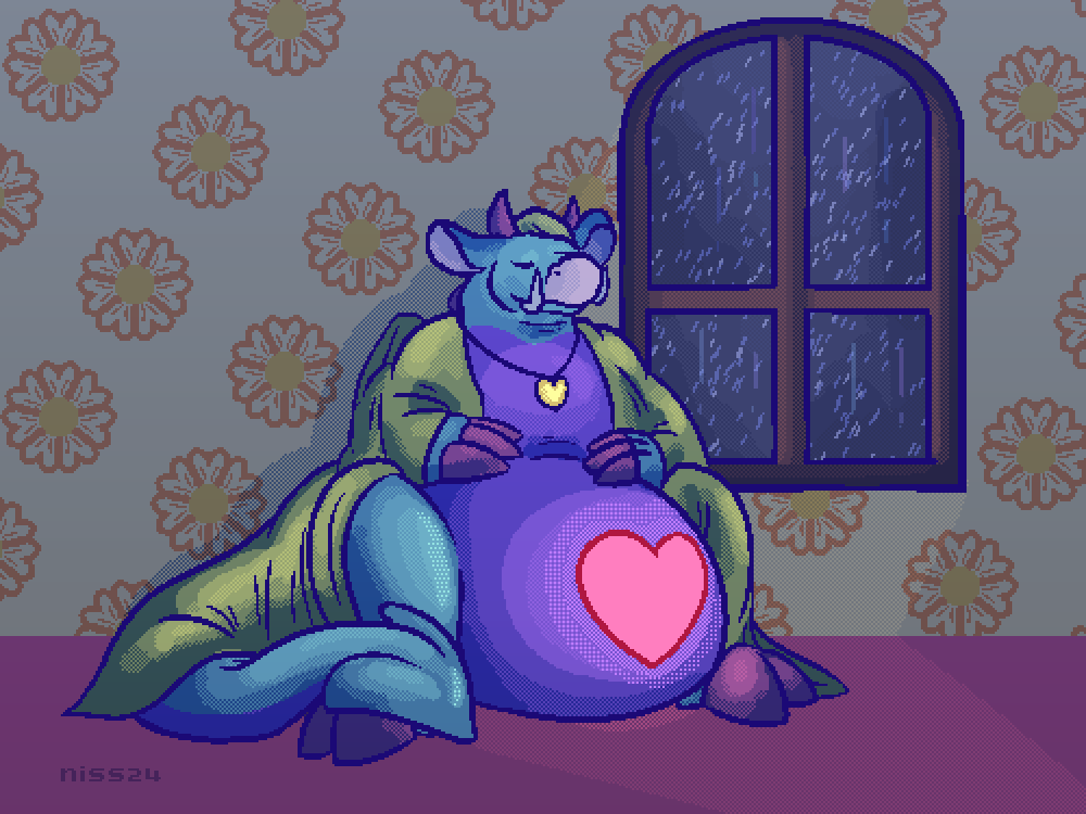 pixel art of a dragon (with some cow features), sitting next to a window while it is pouring with rain outside
