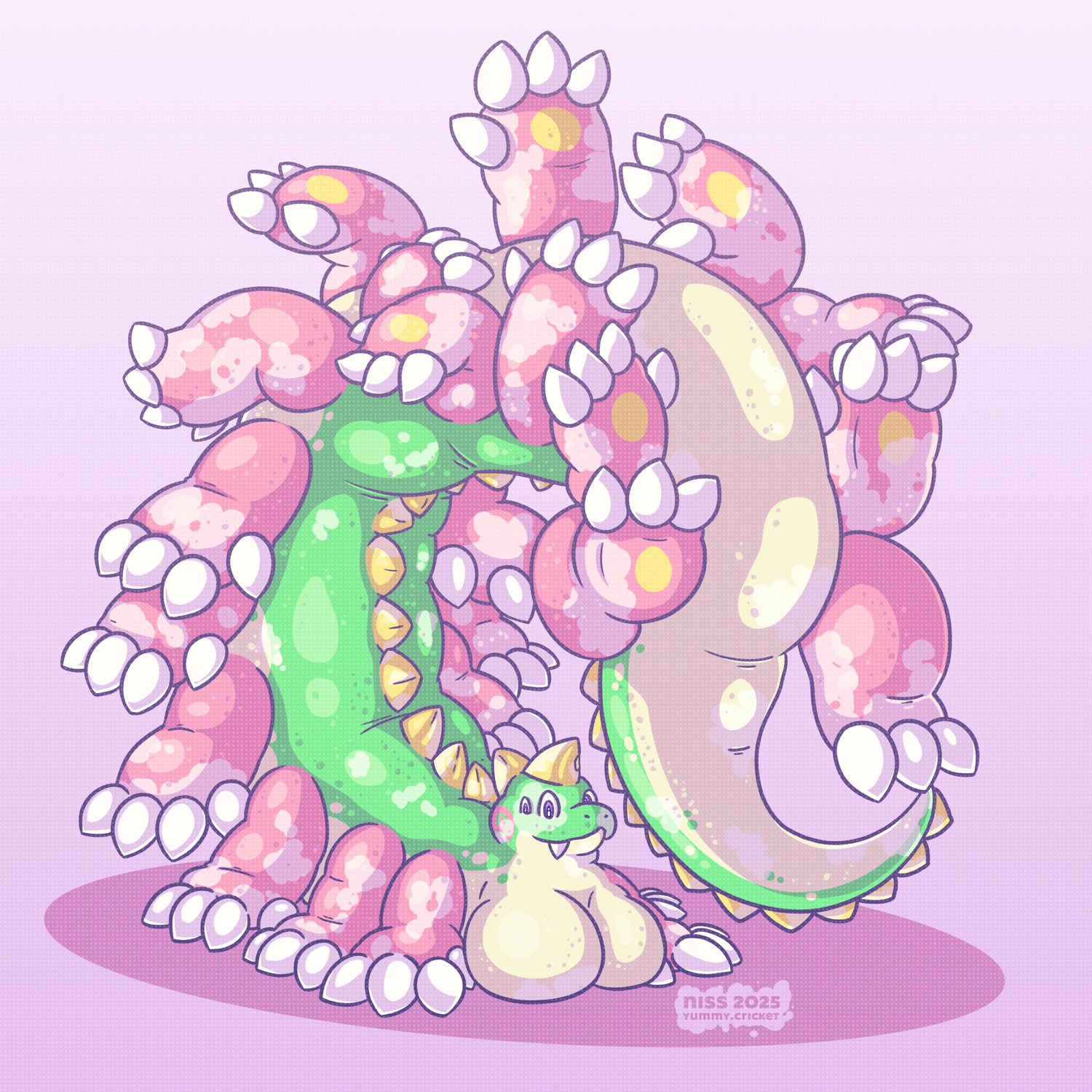 kesi (bubble dragon taur train) standing on her hands and front legs, with the rest of her body curling round over her head
