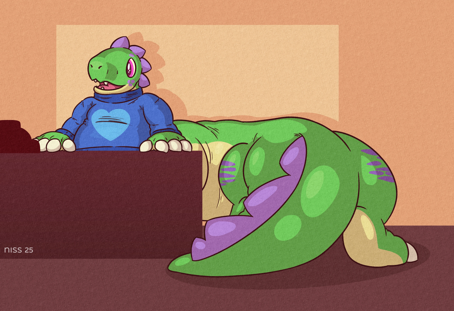 lil dino, now a taur, behind the counter at the amber isle shop. partly, anyway.
